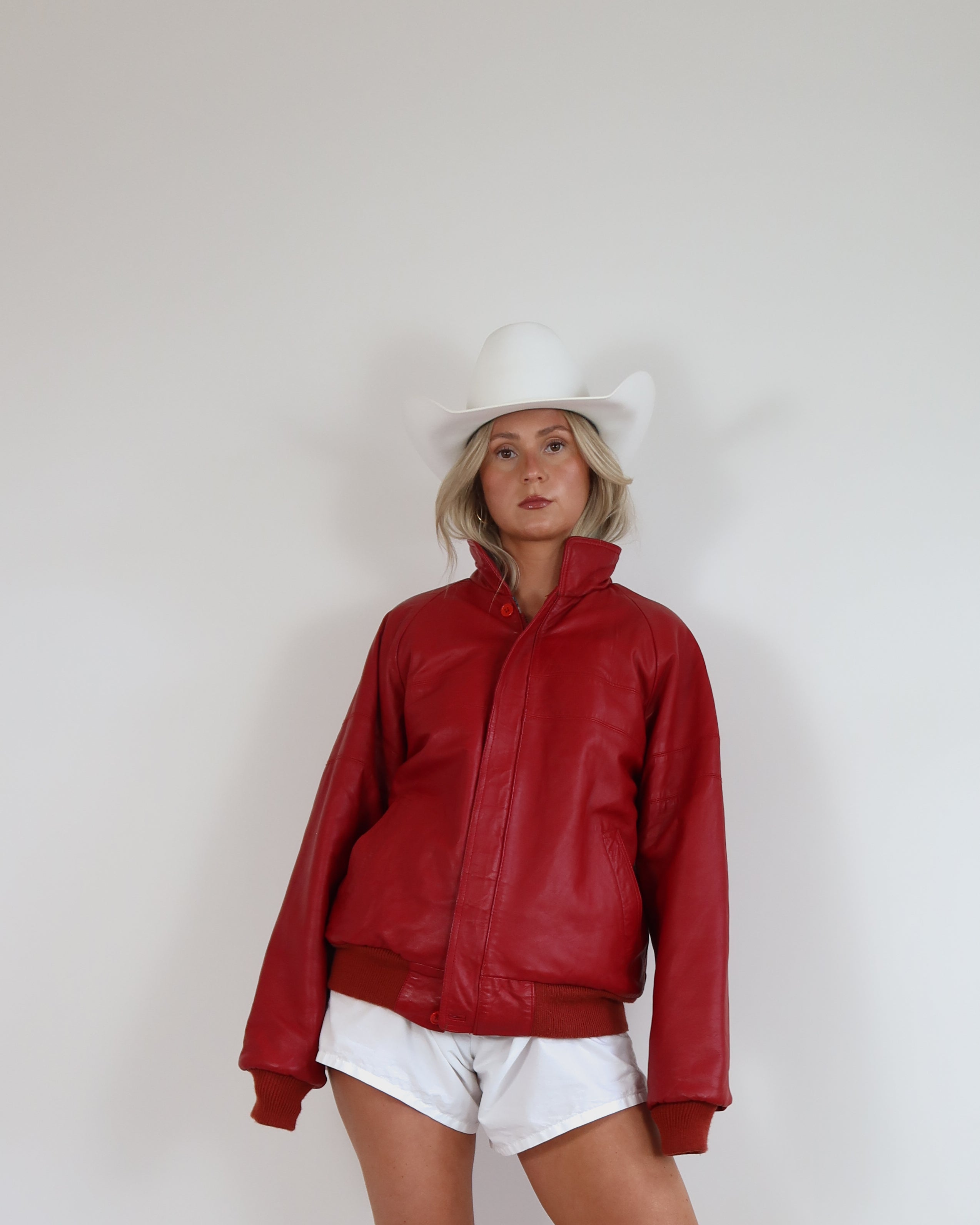 Vintage Red Leather Bomber Jacket