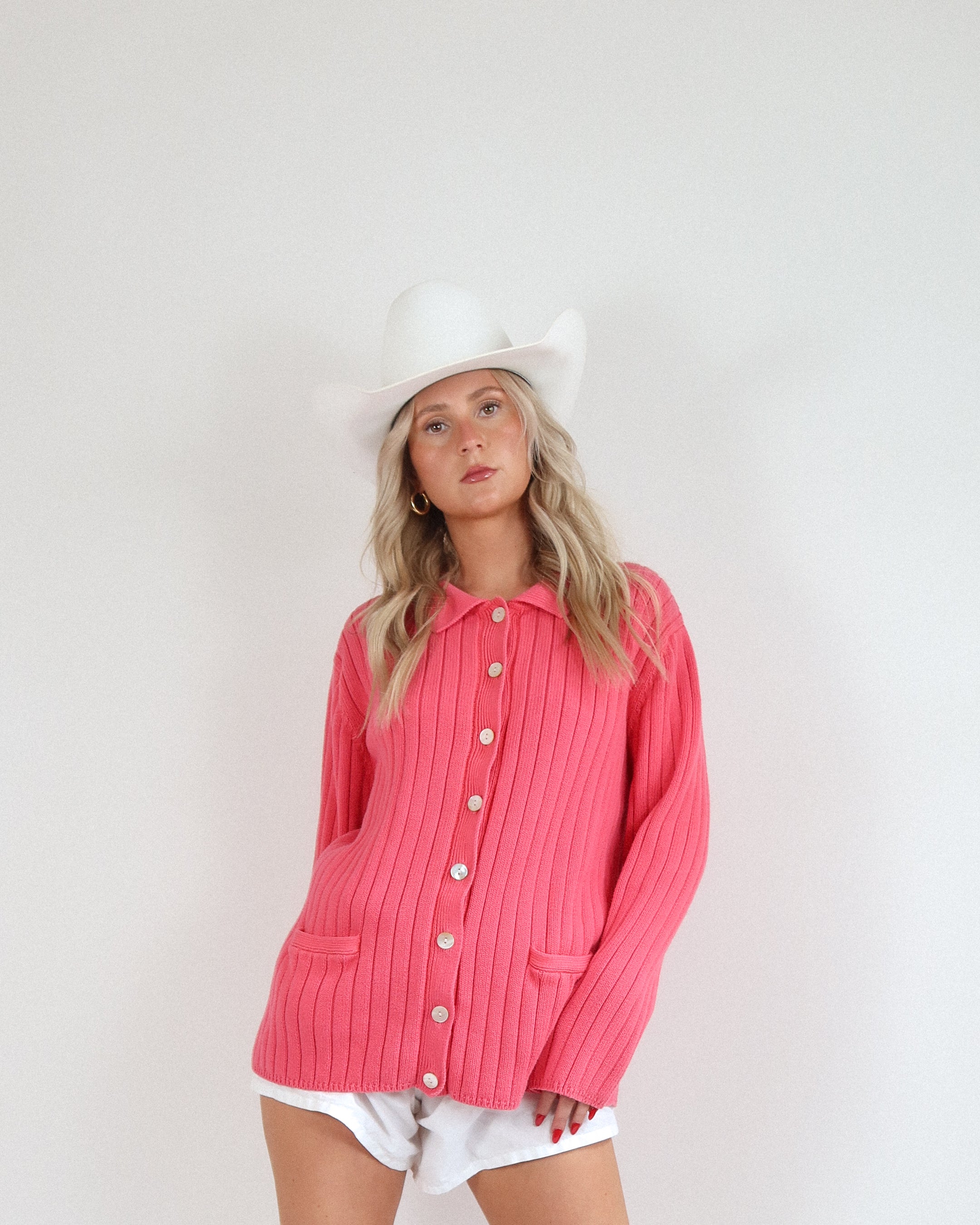 Vintage Pink Ribbed Button Up