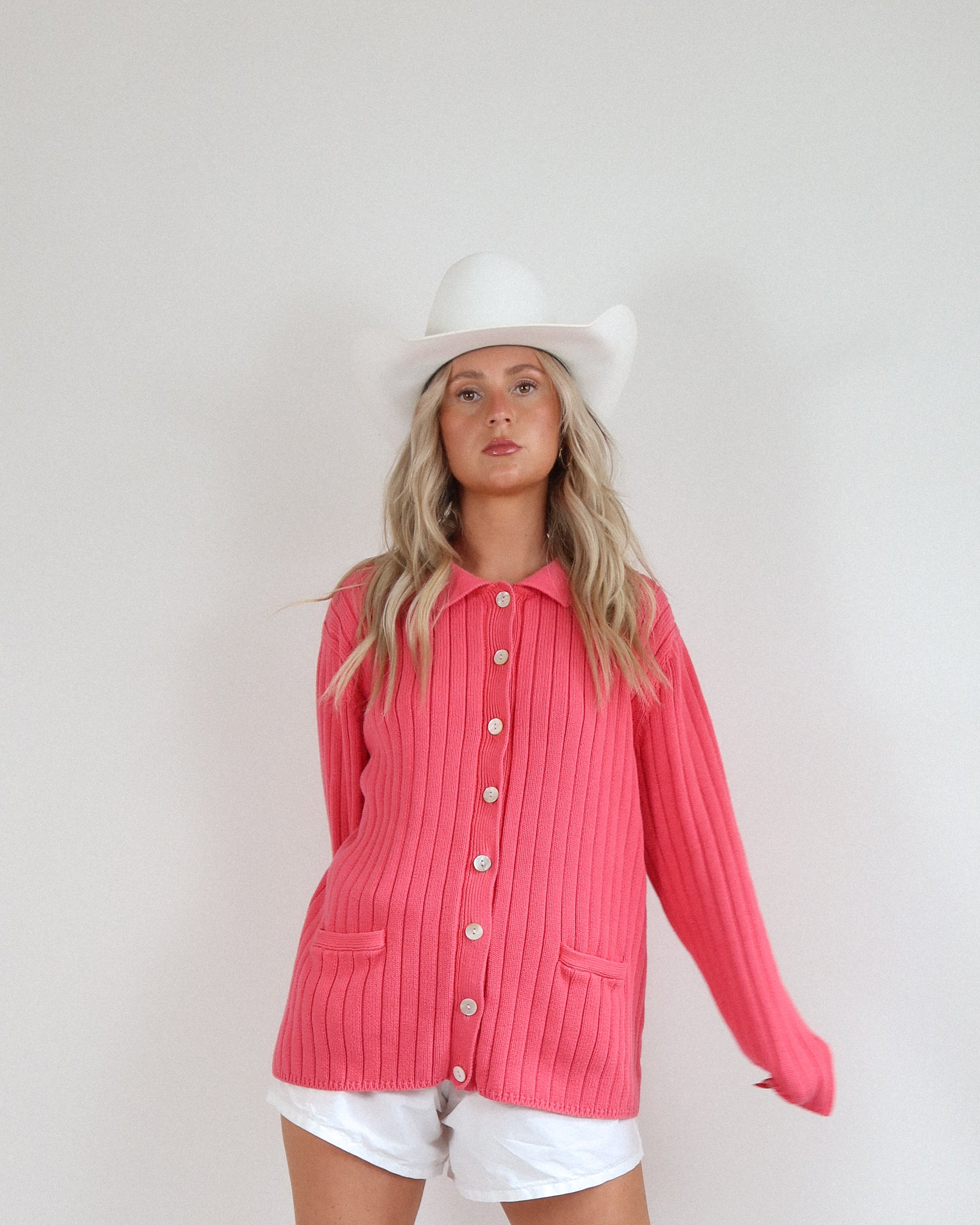Vintage Pink Ribbed Button Up