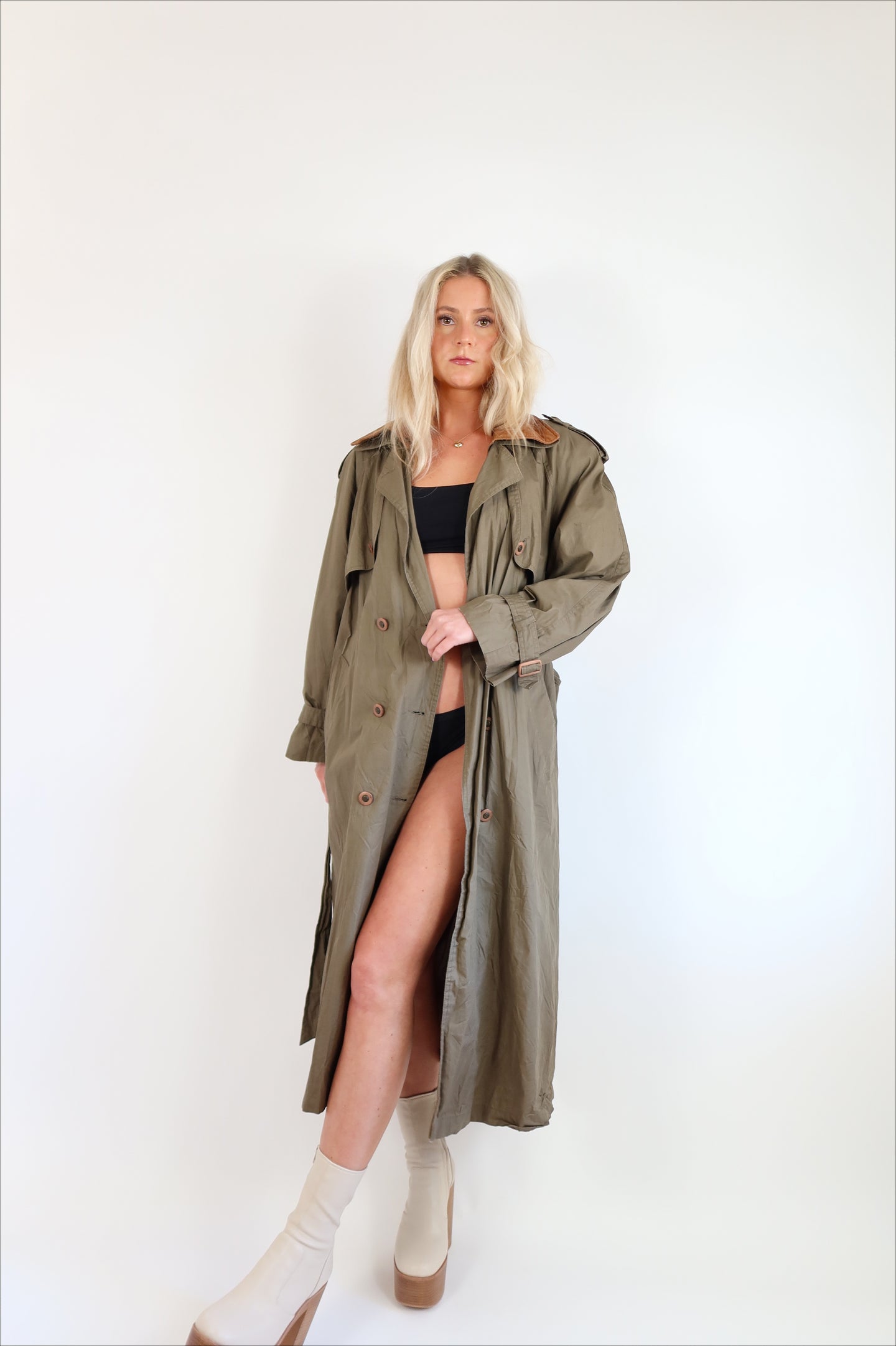 Vintage Olive Cotton Trench with Leather Detail