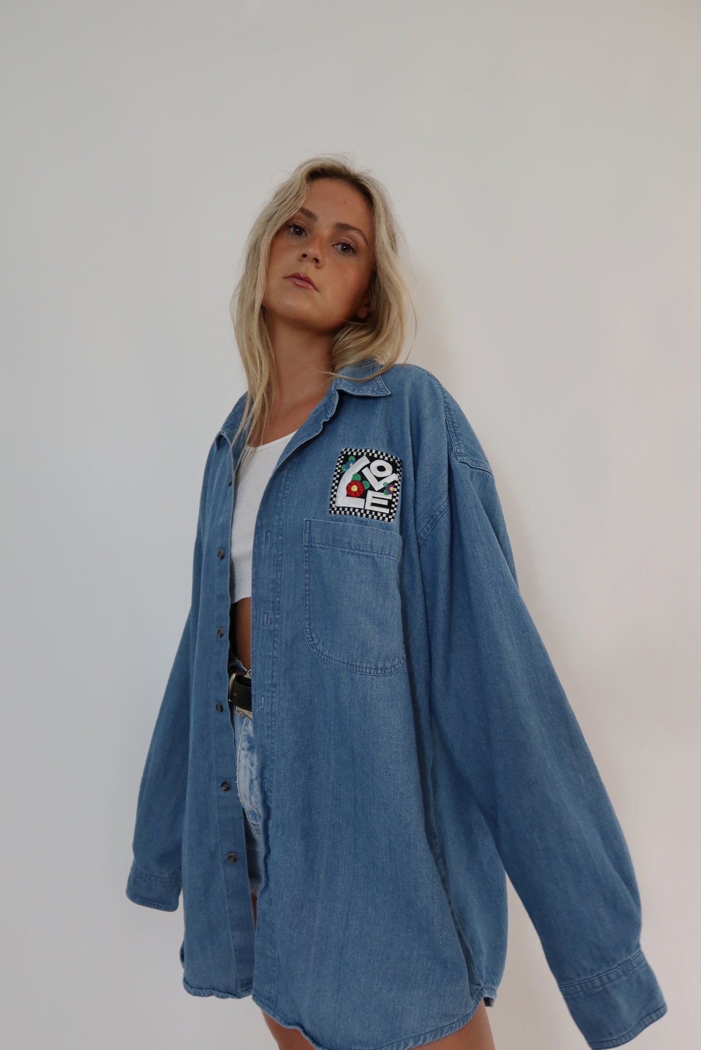 LOVE Embroidered Denim Button Up (S-L)