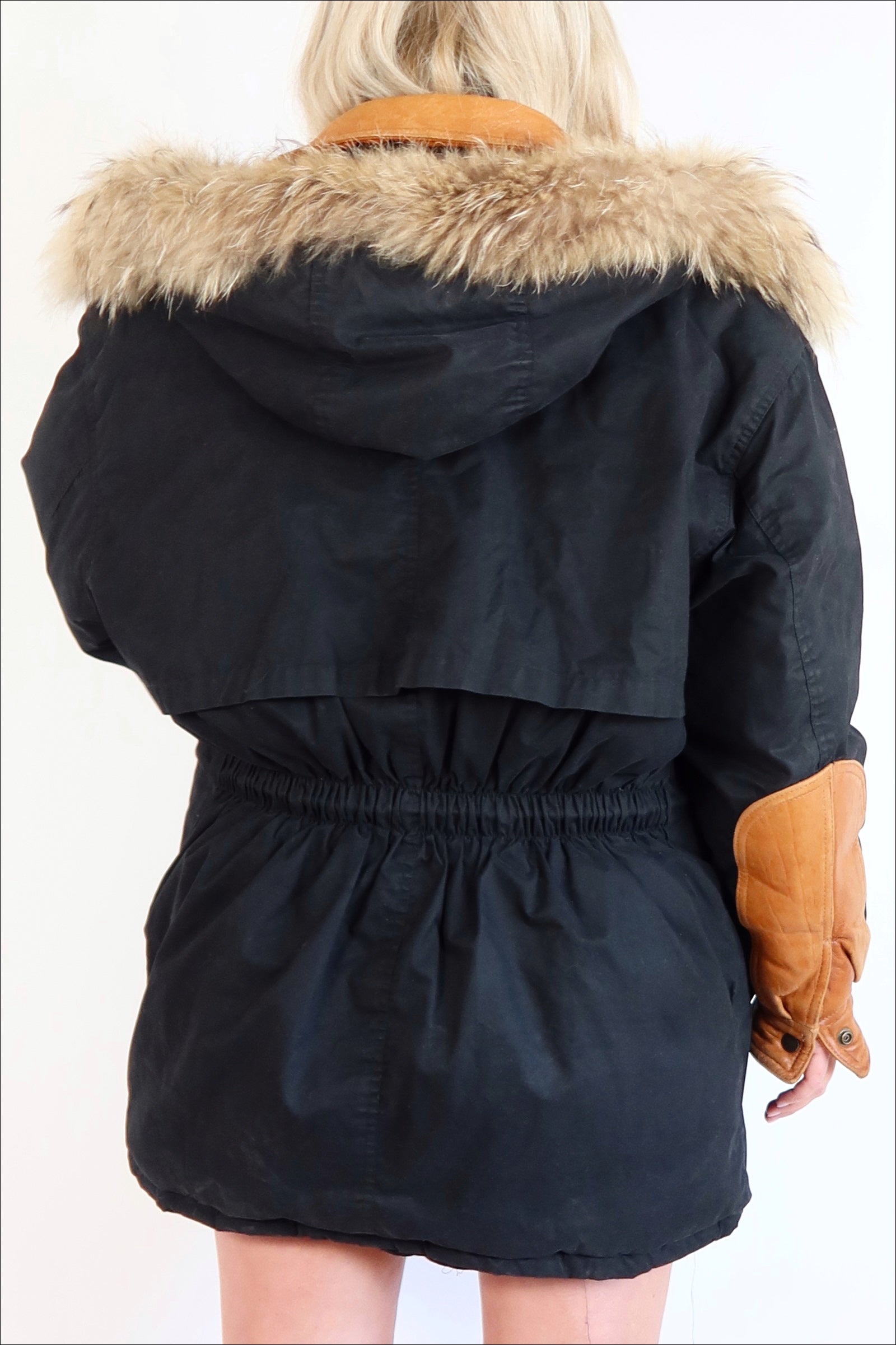 Vintage Cotton Coat with Leather Detail & Fur Hood