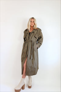 Vintage Olive Cotton Trench with Leather Detail
