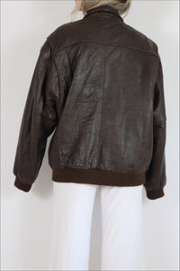 90's Chocolate Leather Bomber Jacket